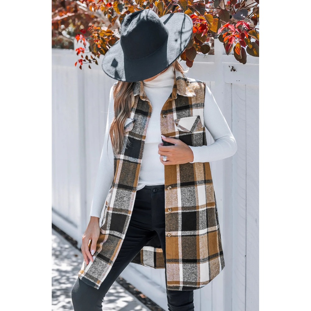 Womens Brown Plaid Button Down Vest Sleeveless Shacket Small